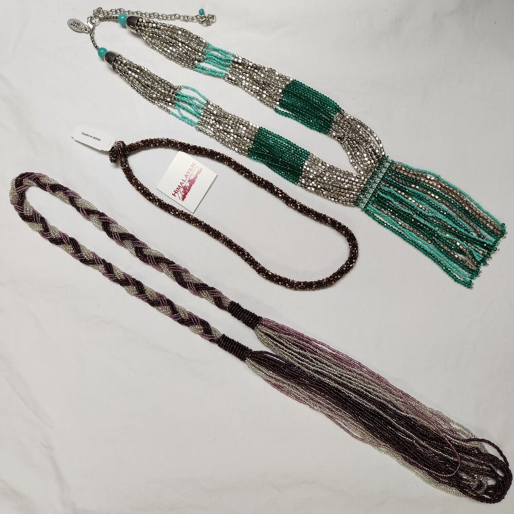 SEED BEAD NECKLACES, LOT OF 3, Himalayan gems, Fringe, Rope/Braid - Picture 2 of 12